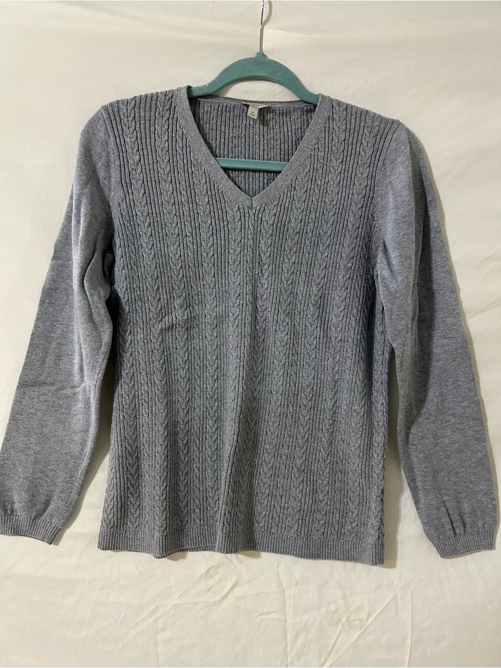 Talbots Gray 100% Cotton Cable Knit V-Neck Sweater M